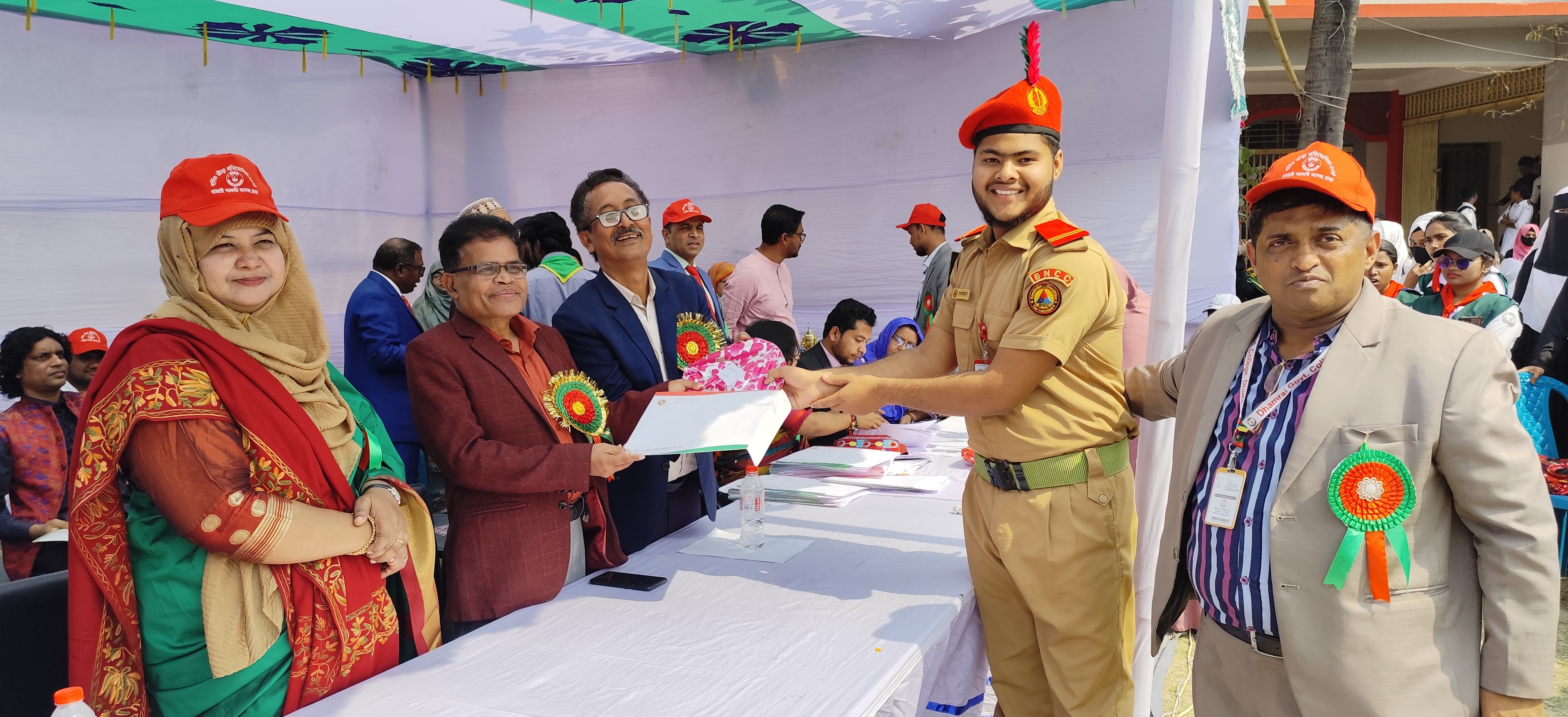 "Winners of the Annual Sports Competition at Dhamrai Government College receiving certificates and prizes." Photo: Md. Shakil Sheikh// V7N